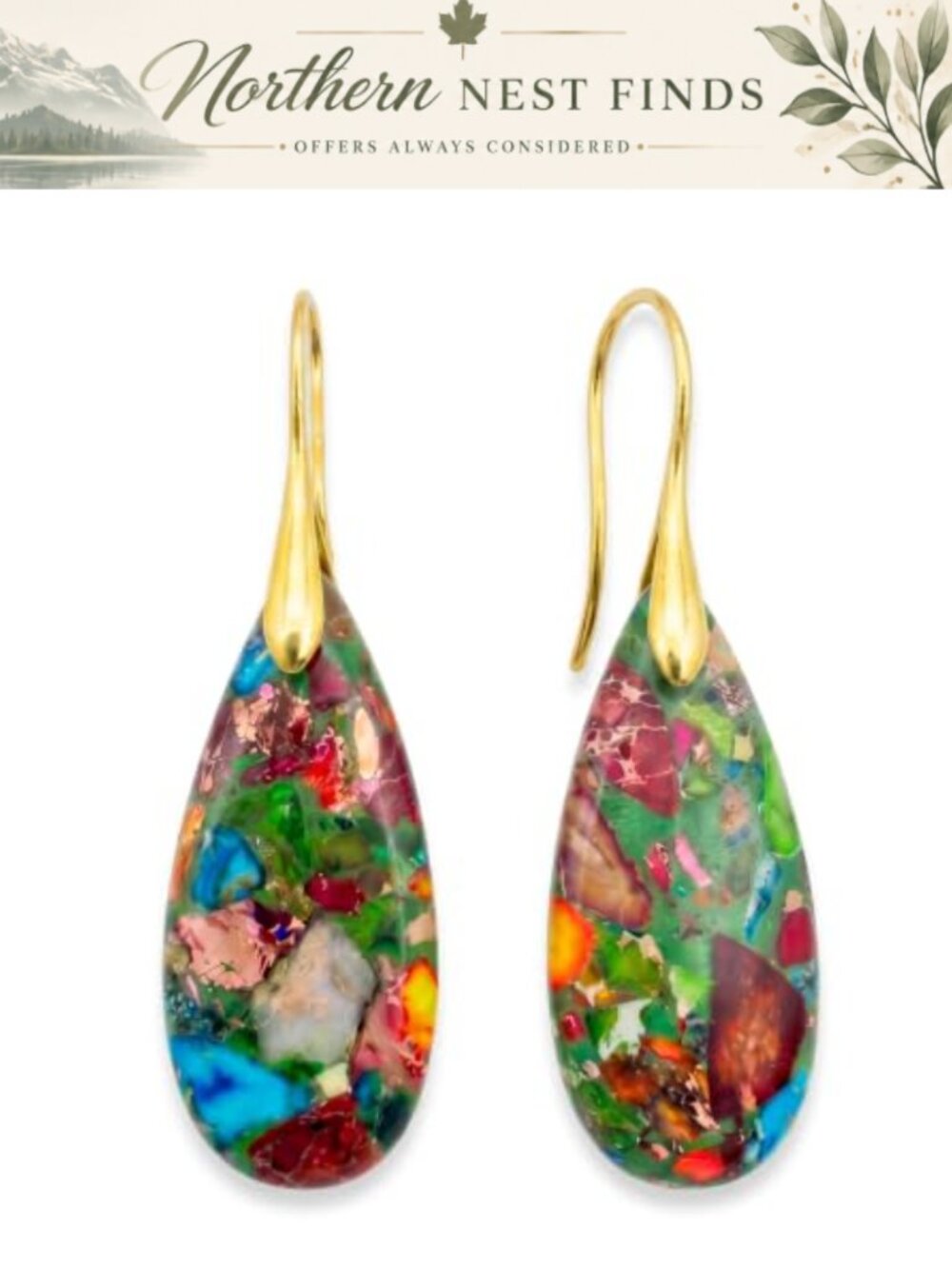 Emperor Stone Dangle Earrings Gold Plated Copper Fishhook 2 Inch
